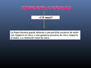 >119 mmol/l




La hipercloremia puede deberse a una perdida excesiva de sodio
con respecto al cloro, a una ganancia excesiva de cloro respecto
al sodio, o a retención renal de cloro.
 