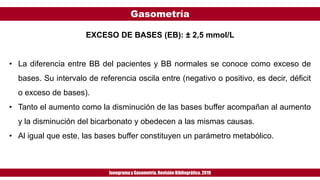 Gasometría
Ionogramay Gasometría. Revisión Bibliográfica. 2019
EXCESO DE BASES (EB): ± 2,5 mmol/L
• La diferencia entre BB del pacientes y BB normales se conoce como exceso de
bases. Su intervalo de referencia oscila entre (negativo o positivo, es decir, déficit
o exceso de bases).
• Tanto el aumento como la disminución de las bases buffer acompañan al aumento
y la disminución del bicarbonato y obedecen a las mismas causas.
• Al igual que este, las bases buffer constituyen un parámetro metabólico.
 