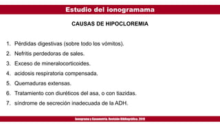 Estudio del ionogramama
Ionogramay Gasometría. Revisión Bibliográfica. 2019
CAUSAS DE HIPOCLOREMIA
1. Pérdidas digestivas (sobre todo los vómitos).
2. Nefritis perdedoras de sales.
3. Exceso de mineralocorticoides.
4. acidosis respiratoria compensada.
5. Quemaduras extensas.
6. Tratamiento con diuréticos del asa, o con tiazidas.
7. síndrome de secreción inadecuada de la ADH.
 