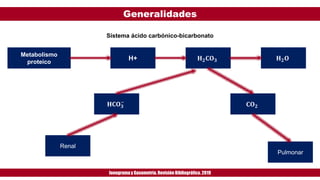 Generalidades
Ionogramay Gasometría. Revisión Bibliográfica. 2019
Metabolismo
proteico
H+ 𝐇 𝟐 𝐂𝐎 𝟑 𝐇 𝟐 𝐎
𝐇𝐂𝐎 𝟑
−
𝐂𝐎 𝟐
Renal
Pulmonar
Sistema ácido carbónico-bicarbonato
 