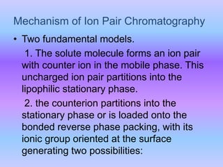 Mechanism of Ion Pair Chromatography
• Two fundamental models.
1. The solute molecule forms an ion pair
with counter ion in the mobile phase. This
uncharged ion pair partitions into the
lipophilic stationary phase.
2. the counterion partitions into the
stationary phase or is loaded onto the
bonded reverse phase packing, with its
ionic group oriented at the surface
generating two possibilities:
 