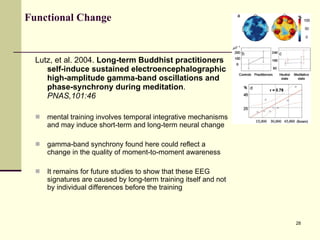 Functional  Change Lutz, et al. 2004.  Long-term Buddhist practitioners self-induce sustained electroencephalographic high-amplitude gamma-band oscillations and phase-synchrony during meditation .  PNAS,101:46 mental training involves temporal integrative mechanisms and may induce short-term and long-term neural change gamma-band synchrony found here could reflect a change in the quality of moment-to-moment awareness It remains for future studies to show that these EEG signatures are caused by long-term training itself and not by individual differences before the training 