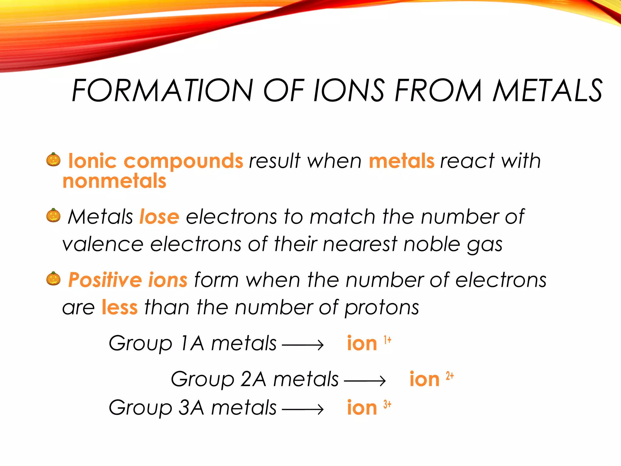 FORMATION OF IONS FROM METALS
Ionic compounds result when metals react with
nonmetals
Metals lose electrons to match the number of
valence electrons of their nearest noble gas
Positive ions form when the number of electrons
are less than the number of protons
Group 1A metals → ion 1+
Group 2A metals → ion 2+
Group 3A metals → ion 3+
 