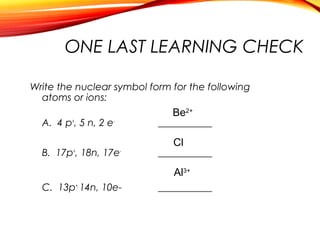 ONE LAST LEARNING CHECK
Write the nuclear symbol form for the following
atoms or ions:
A. 4 p+
, 5 n, 2 e-
___________
B. 17p+
, 18n, 17e-
___________
C. 13p+,
14n, 10e- ___________
Al3+
Cl
Be2+
 