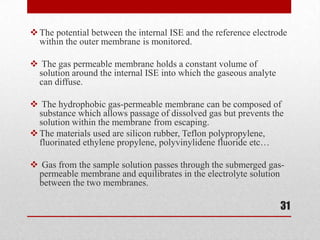  The potential between the internal ISE and the reference electrode
  within the outer membrane is monitored.

 The gas permeable membrane holds a constant volume of
 solution around the internal ISE into which the gaseous analyte
 can diffuse.

 The hydrophobic gas-permeable membrane can be composed of
  substance which allows passage of dissolved gas but prevents the
  solution within the membrane from escaping.
 The materials used are silicon rubber, Teflon polypropylene,
  fluorinated ethylene propylene, polyvinylidene fluoride etc…

 Gas from the sample solution passes through the submerged gas-
 permeable membrane and equilibrates in the electrolyte solution
 between the two membranes.

                                                                   31
 