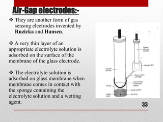 Air-Gap electrodes:-
 They are another form of gas
  sensing electrodes invented by
  Ruzicka and Hansen.

 A very thin layer of an
appropriate electrolyte solution is
adsorbed on the surface of the
membrane of the glass electrode.

 The electrolyte solution is
adsorbed on glass membrane when
membrane comes in contact with
the sponge containing the
electrolyte solution and a wetting
agent.
                                      33
 
