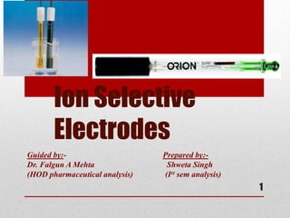 Ion Selective
       Electrodes
Guided by:-                     Prepared by:-
Dr. Falgun A Mehta               Shweta Singh
(HOD pharmaceutical analysis)   (Ist sem analysis)
                                                     1
 
