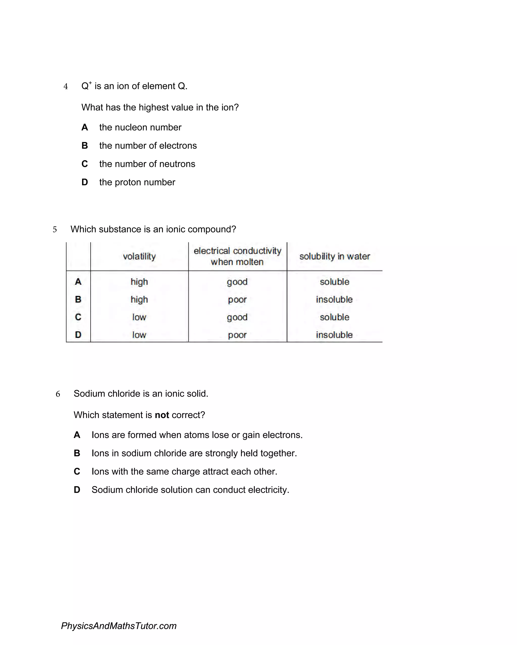 Ions, ionic bonds (multiple choice) qp