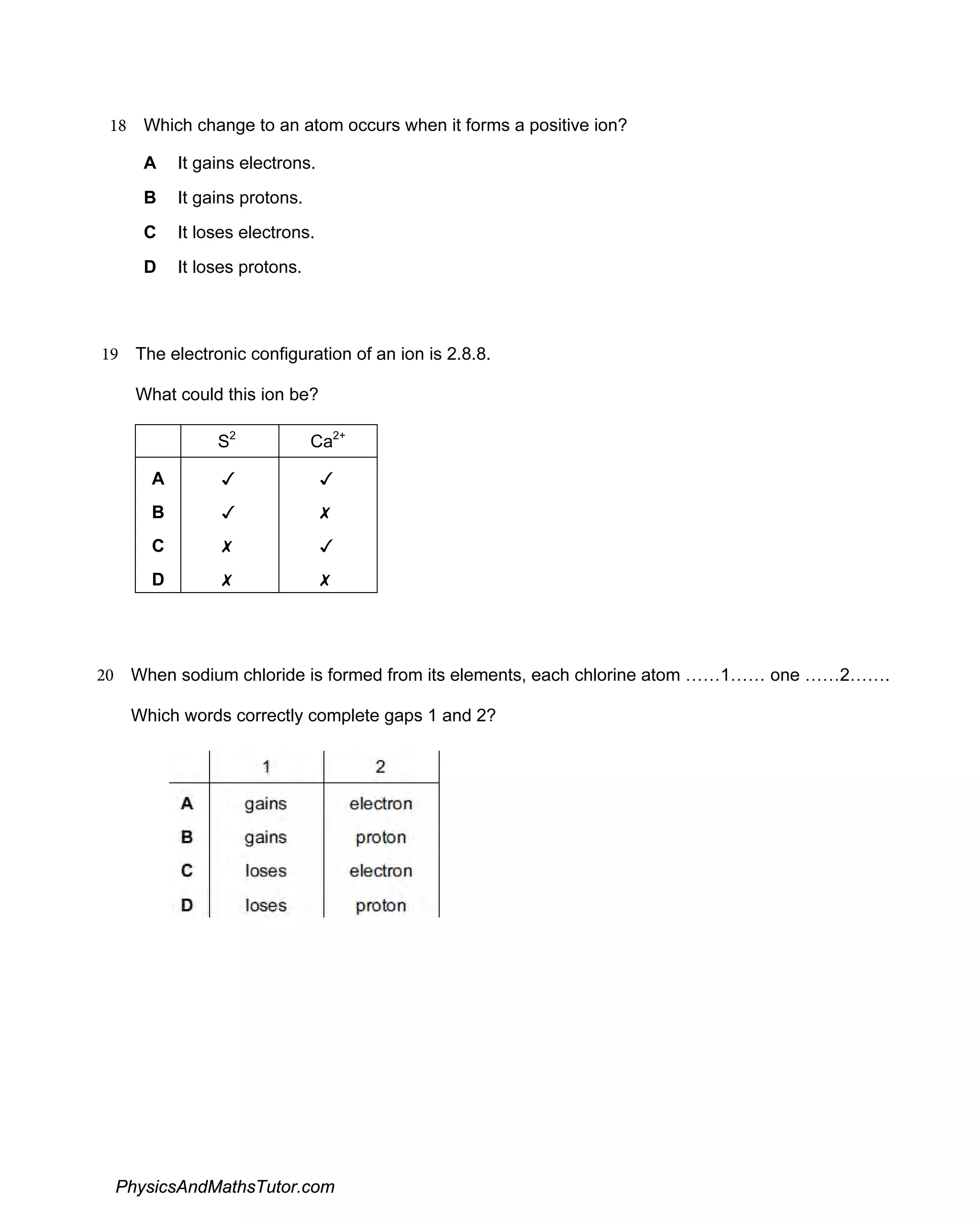 Ions, ionic bonds (multiple choice) qp
