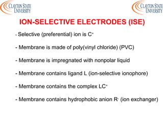- Selective (preferential) ion is C+
- Membrane is made of poly(vinyl chloride) (PVC)
- Membrane is impregnated with nonpolar liquid
- Membrane contains ligand L (ion-selective ionophore)
- Membrane contains the complex LC+
- Membrane contains hydrophobic anion R-
(ion exchanger)
ION-SELECTIVE ELECTRODES (ISE)
 