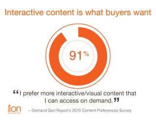 I prefer more interactive/visual content that 
I can access on demand.“
”~ Demand Gen Report’s 2015 Content Preferences Su...