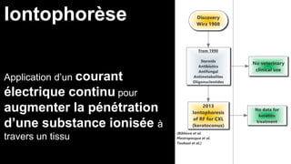 Iontophorèse 
Application d’un courant 
électrique continu pour 
augmenter la pénétration 
d’une substance ionisée à 
travers un tissu 
 