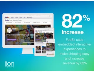 82
FedEx uses 
embedded interactive
experiences to 
make shipping easy
and increase 
revenue by 82%
Increase
%
 