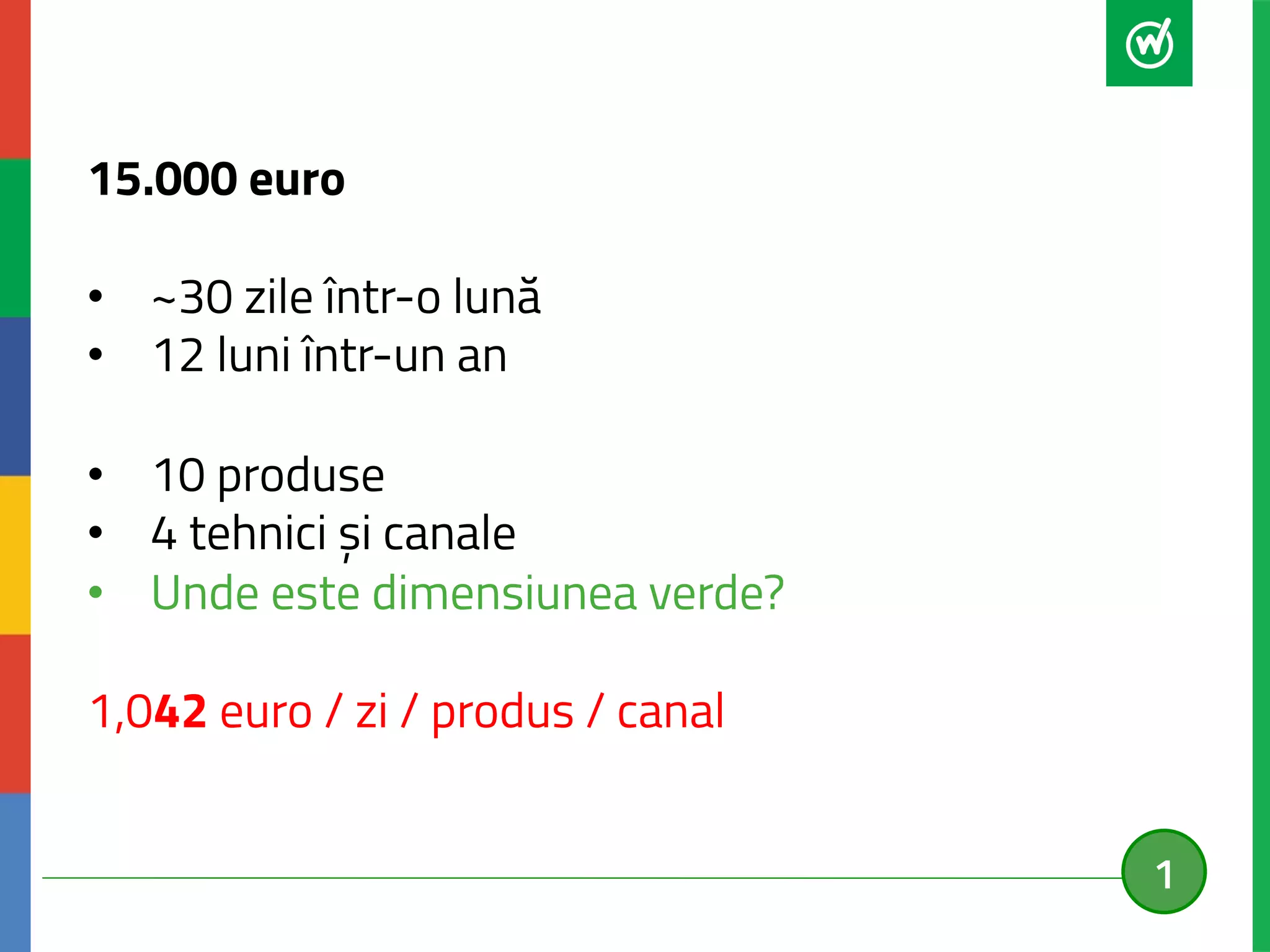 15.000 euro 
• ~30 zile într-o lună 
• 12 luni într-un an 
• 10 produse 
• 4 tehnici și canale 
• Unde este dimensiunea verde? 
1,042 euro / zi / produs / canal 
1 
 