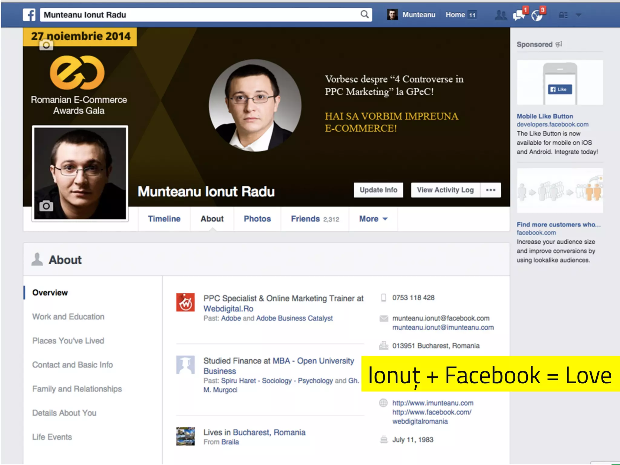 Ionuț + Facebook = Love 
 