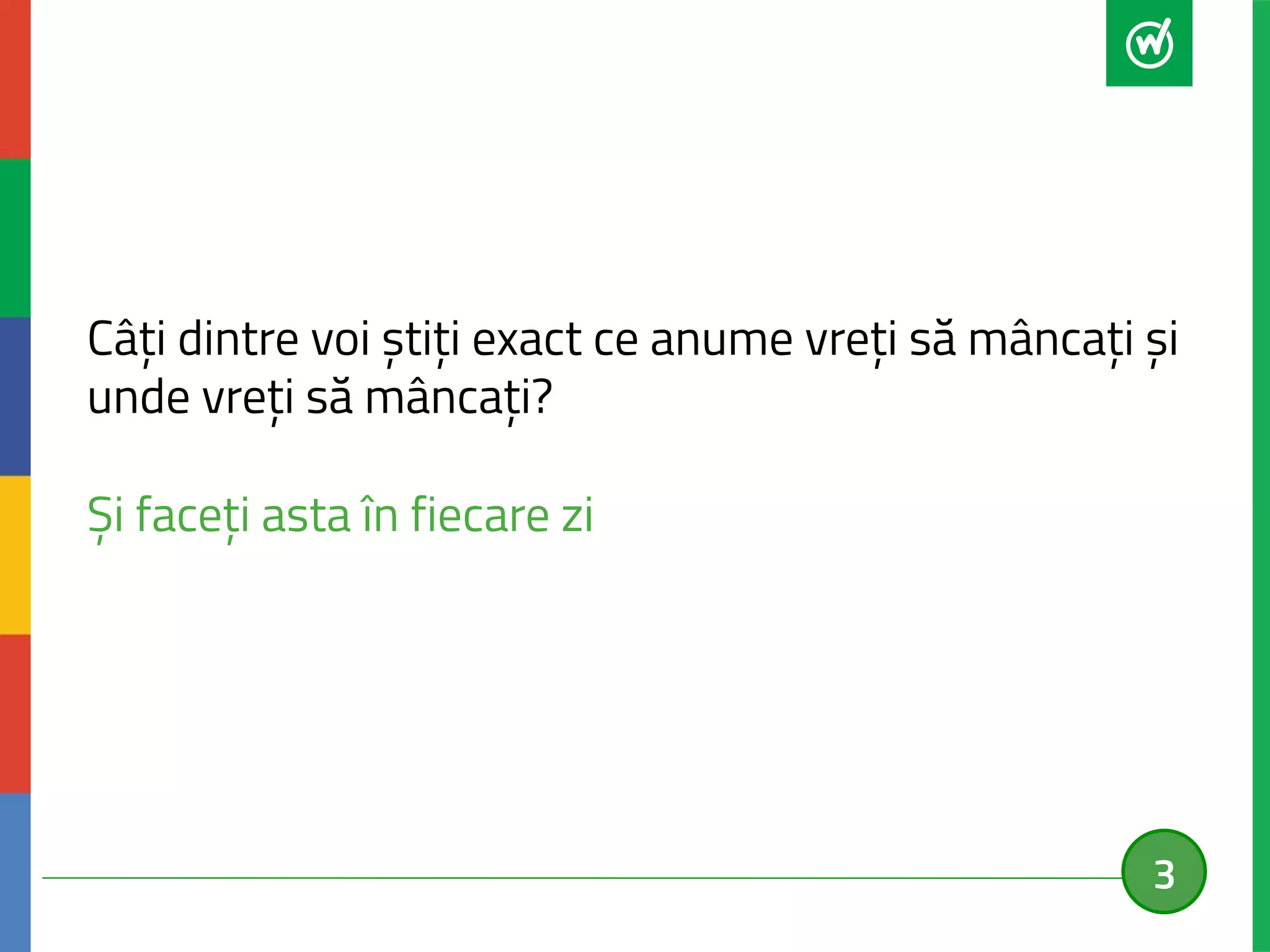 Câți dintre voi știți exact ce anume vreți să mâncați și 
unde vreți să mâncați? 
Și faceți asta în fiecare zi 
3 
 