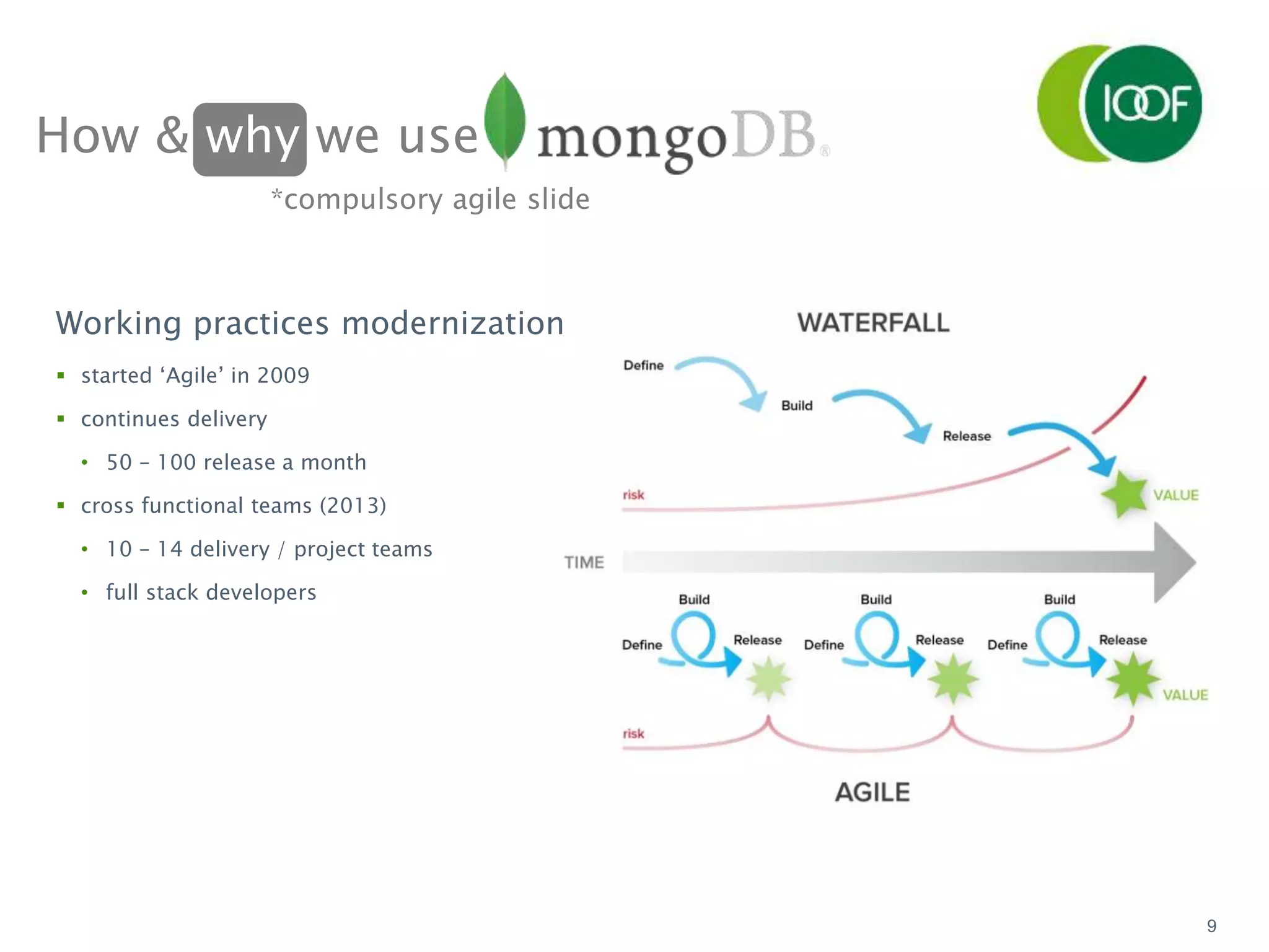 9
*compulsory agile slide
Working practices modernization
 started ‘Agile’ in 2009
 continues delivery
• 50 – 100 release a month
 cross functional teams (2013)
• 10 – 14 delivery / project teams
• full stack developers
How & why we use
 
