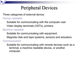 Peripheral Devices
Three categories of external device:
Human readable
Suitable for communicating with the computer user
Video display terminals (VDTs), printers.
Machine readable
Suitable for communicating with equipment
Magnetic disk and tape systems, sensors and actuators.
Communication
Suitable for communicating with remote devices such as a
terminal, a machine readable device, or another
computer.
 