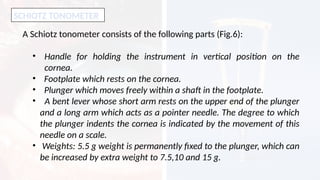 SCHIOTZ TONOMETER
A Schiotz tonometer consists of the following parts (Fig.6):
• Handle for holding the instrument in vertical position on the
cornea.
• Footplate which rests on the cornea.
• Plunger which moves freely within a shaft in the footplate.
• A bent lever whose short arm rests on the upper end of the plunger
and a long arm which acts as a pointer needle. The degree to which
the plunger indents the cornea is indicated by the movement of this
needle on a scale.
• Weights: 5.5 g weight is permanently fixed to the plunger, which can
be increased by extra weight to 7.5,10 and 15 g.
 