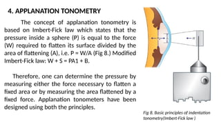 4. APPLANATION TONOMETRY
The concept of applanation tonometry is
based on Imbert-Fick law which states that the
pressure inside a sphere (P) is equal to the force
(W) required to flatten its surface divided by the
area of flattening (A), i.e. P = W/A (Fig 8.) Modified
Imbert-Fick law: W + S = PA1 + B.
Therefore, one can determine the pressure by
measuring either the force necessary to flatten a
fixed area or by measuring the area flattened by a
fixed force. Applanation tonometers have been
designed using both the principles.
Fig 8. Basic principles of indentation
tonometry(Imbert-Fick law )
 