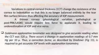 EFFECTS OF CENTRAL CORNEAL THICKNESS
Variations in central corneal thickness (CCT) change the resistance of the
cornea to indentation so that this is no longer balanced entirely by the tear
film surface tension thus affecting the accuracy of IOP measurement.
A thinner cornea (physiological variation, pathological or
post-PRK/LASIK) would require less force to applanate it, leading to
underestimation of IOP and vice versa.
 Goldmann applanation tonometer was designed to give accurate reading when
the CCT was 520 μ. There occurs a change in applanation readings of 0.7 mm
Hg per 10 μ. Thus, a correction factor, as described by Dredsner (Fig 11), is
required to get accurate IOP levels with applanation tonometry.
 