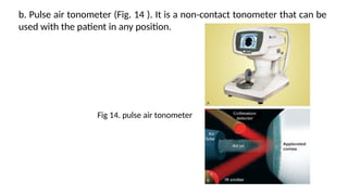 b. Pulse air tonometer (Fig. 14 ). It is a non-contact tonometer that can be
used with the patient in any position.
Fig 14. pulse air tonometer
 