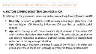 FACTORS INFLUENCING THE INTRA – OCULAR PRESSURE
A. FACTORS CAUSING LONG TERM CHANGES IN IOP.
In addition to the glaucoma, following factors cause long-term influence on IOP:
1. Heredity: Relations of patients with primary open-angle glaucoma tend
to have higher IOP. Heredity influences IOP, possibly by multifactorial
modes.
2. Age: After the age of 40, there occurs a slight increase in the mean IOP
and standard deviation after each decade. This probably occurs due to
age-related reduction in aqueous outflow facility, despite a concomitant
reduction in the aqueous production.
3. Sex: IOP is equal between the sexes in ages of 20–40 years. In older age
group, increase in mean IOP with age is greater in females than males
 