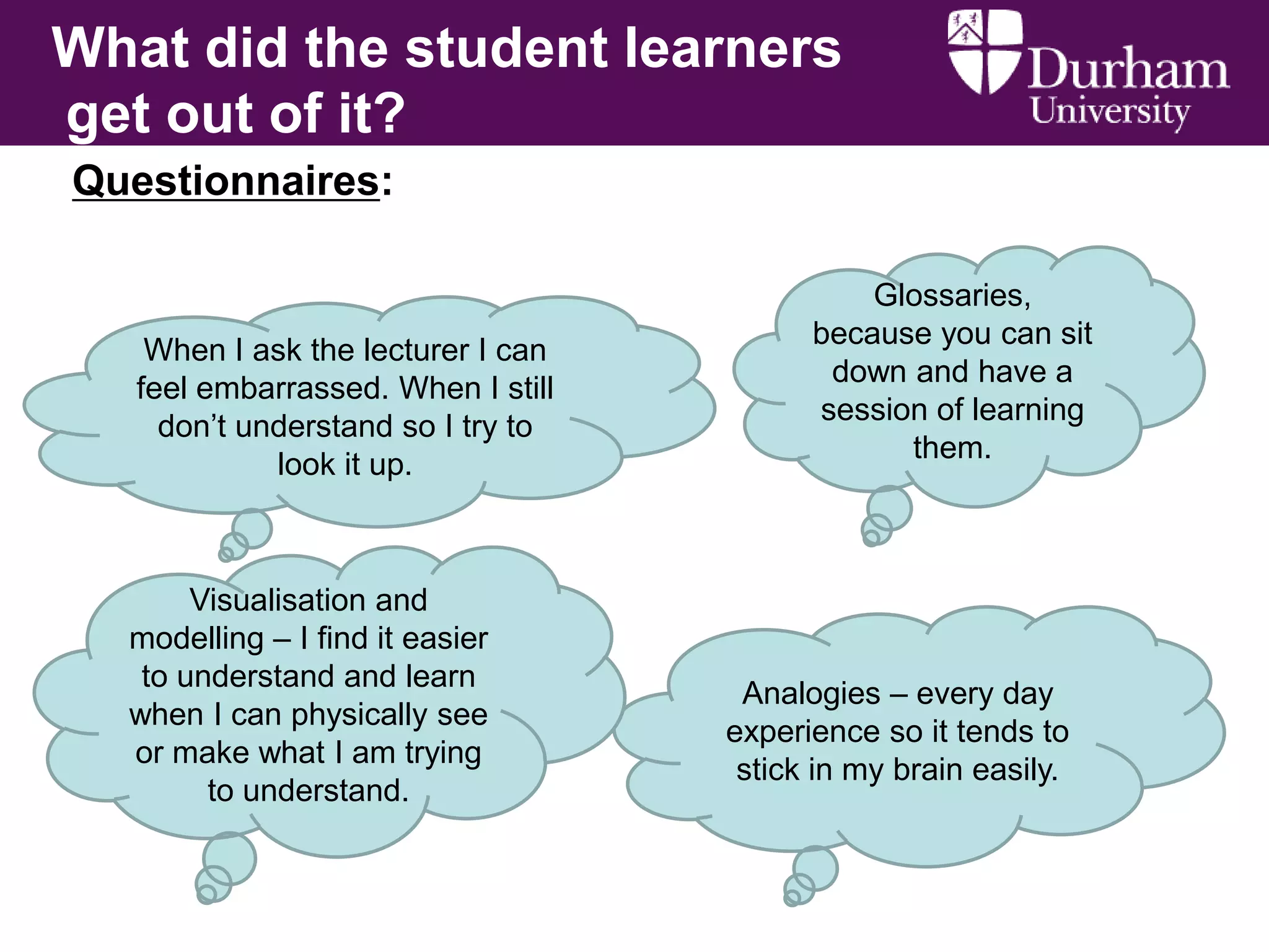 What did the student learners
get out of it?
Questionnaires:

When I ask the lecturer I can
feel embarrassed. When I still
don’t understand so I try to
look it up.

Visualisation and
modelling – I find it easier
to understand and learn
when I can physically see
or make what I am trying
to understand.

Glossaries,
because you can sit
down and have a
session of learning
them.

Analogies – every day
experience so it tends to
stick in my brain easily.

 