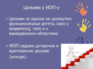 Циљеви у ИОП-у
• Циљеви се односе на целокупно
функционисање детета, како у
академској, тако и у
ванакдемским областима.
• ИОП садржи дугорочне и
краткорочне циљеве
(исходе).
 