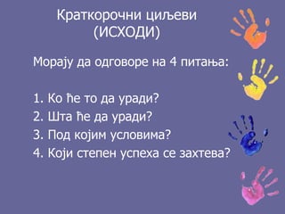 Краткорочни циљеви
(ИСХОДИ)
Морају да одговоре на 4 питања:
1. Ко ће то да уради?
2. Шта ће да уради?
3. Под којим условима?
4. Који степен успеха се захтева?
 