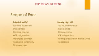 IOP MEASUREMENT
Scope of Error
Falsely low IOP Falsely high IOP
Too little flourecein Too much fluoresce
Thin cornea Thick cornea
Corneal edema Steep cornea
WTR astigmatism ATR astigmatism
Prolonged contact Putting pressure on the lids while
Repeated tonometry separating
Observer bias
 