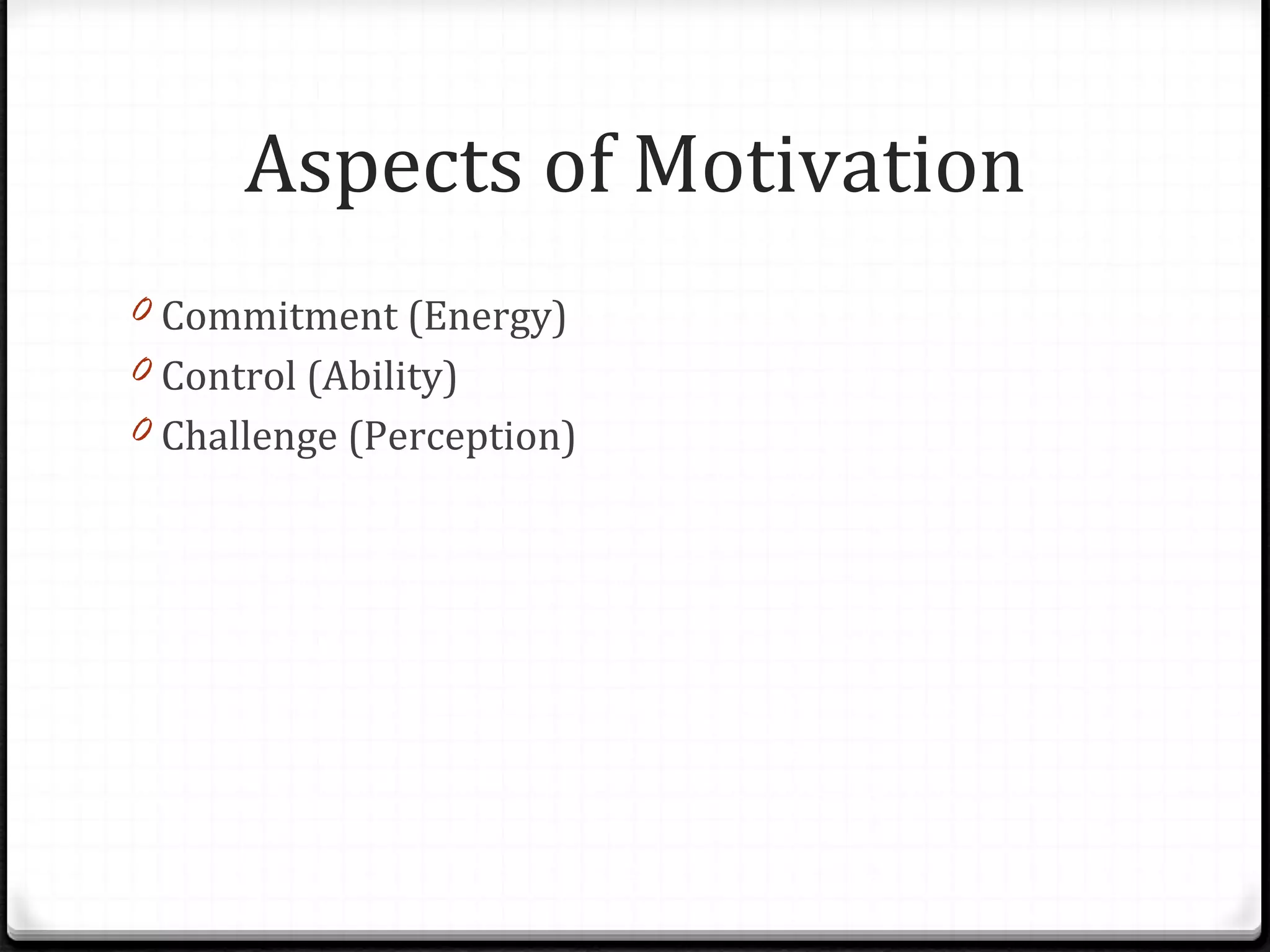 Aspects of Motivation Commitment (Energy) Control (Ability) Challenge (Perception) 