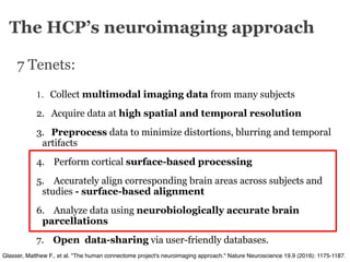 The HCP’s neuroimaging approach
7 Tenets:
1. Collect multimodal imaging data from many subjects
2. Acquire data at high sp...