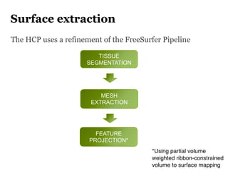 Surface extraction
The HCP uses a refinement of the FreeSurfer Pipeline
TISSUE
SEGMENTATION
MESH
EXTRACTION
FEATURE
PROJEC...