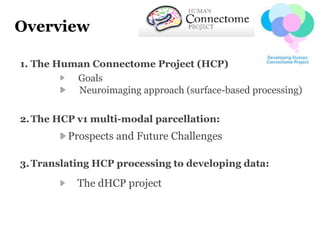 Overview
1. The Human Connectome Project (HCP)
Goals
Neuroimaging approach (surface-based processing)
2.The HCP v1 multi-m...