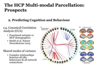 The HCP Multi-modal Parcellation:
Prospects
2. Predicting Cognition and Behaviour
e.g. Canonical Correlation
Analysis (CCA...