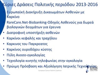 Κύριες Δράσεις Πολιτικής περιόδου 2013-2016
• Ευρωπαϊκή Διακήρυξη Δικαιωμάτων Ασθενών με
Καρκίνο
• RareCare.Net-Βiobanking-Οδηγός Ασθενούς για δωρεά
βιολογικών δειγμάτων για έρευνα
• Διατροφική υποστήριξη ασθενών
• Καρκίνοι κεφαλής και τραχήλου
• Καρκινος του Παγκρεατος
• Καρκίνος ουροδόχου κύστης
• Πύλη Ανοσο-ογκολογίας
• Τεχνολογία κινητής τηλεφωνίας στην ογκολογία
• Πρώιμη Πρόσβαση και Αξιολόγηση Ιατρικής Τεχνολογίας
European Cancer Patient Coalition
 