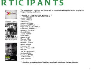 R T IC IP A N T S
     The group leaders in Athens and Juarez will be coordinating this global action to unite the
     five participating continents.

     PARTICIPATING COUNTRIES **
     Alsace, FRANCE
     Athens, GREECE
     Austin, USA
     Aveiro, PORTUGAL
     Brisbane, AUSTRALIA
     Cape Town, SOUTH AFRICA
     Casablanca, MOROCCO
     Guayacan, GUYANA
     Hanoi, CHINA
     Juarez, MEXICO
     Lima, PERU
     Madrid, SPAIN
     Mumbai, INDIA
     New York, USA
     Nicosea, CYPRUS
     Nairobi, KENYA
     Peckham, UK
     Port au Prince, HAITI
     POLAND
     THE NETHERLANDS
     Santiago, CHILE
     Sao Paulo, BRAZIL
     Tel Aviv, ISRAEL
     Tunis, TUNISIA

         * Countries already contacted that have unofficially confirmed their participation
          *

      
                                                                                                   5
 