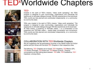 TED Worldwide Chapters
   x
       TEDx
       Created in the spirit of TED’s mission, “ideas worth spreading,” the TEDx
       program is designed to give communities, organizations and individuals the
       opportunity to stimulate dialogue through TED-like experiences at the local level.
       TEDx events are fully planned and coordinated independently, on a community-
       by-community basis.

       TEDx was created in the spirit of TED's mission, "ideas worth spreading." The
       program is designed to give communities, organizations and individuals the
       opportunity to stimulate dialogue through TED-like experiences at the local level.
       At TEDx events, a screening of TEDTalks videos -- or a combination of live
       presenters and TEDTalks videos -- sparks deep conversation and connections.
       TEDx events are fully planned and coordinated independently, on a community-
       by-community basis.




       COLLABORATION WITH TEDxWorldwide Chapters
       We are suggesting that all participating countries in the Global Inside Out Action
       partner and join forces with the local TEDx Chapters in their respective cities.

       The following TEDx Chapters are on board: TEDx Academy, TEDxMexico (DF), 
       TEDxAveiro (Portugal), TEDxDubai and  TEDxAlsace (France).  Ongoing 
       conversations are also taking place between  TEDxJaffa, TEDxCasablanca, TEDx
       Capetown, among others.




                                                                                            8
 