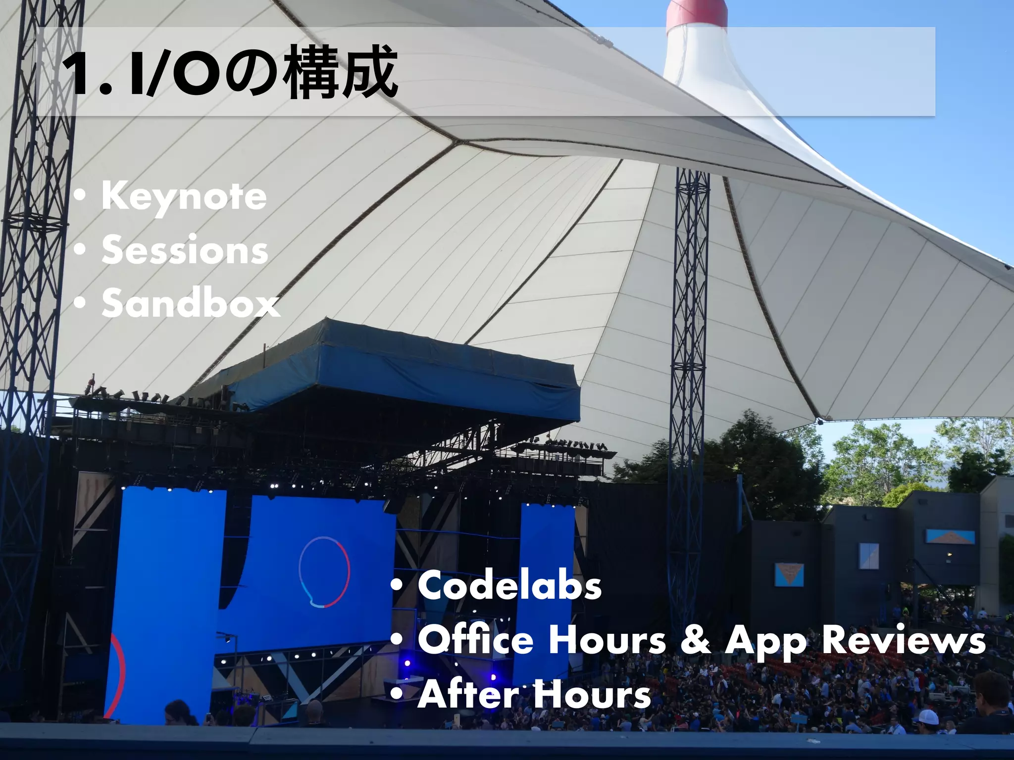 1. I/O
• Keynote
• Sessions
• Sandbox
• Codelabs
• Ofﬁce Hours & App Reviews
• After Hours
 