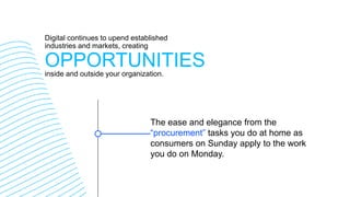 OPPORTUNITIES
Digital continues to upend established
industries and markets, creating
inside and outside your organization.
The ease and elegance from the
“procurement” tasks you do at home as
consumers on Sunday apply to the work
you do on Monday.
 