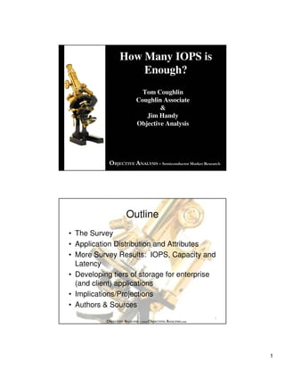 1
OBJECTIVE ANALYSIS – Semiconductor Market Research
How Many IOPS is
Enough?
Tom Coughlin
Coughlin Associate
&
Jim Handy
Objective Analysis
OBJECTIVE ANALYSIS – www.OBJECTIVE-ANALYSIS.com
Outline
• The Survey
• Application Distribution and Attributes
• More Survey Results: IOPS, Capacity and
Latency
• Developing tiers of storage for enterprise
(and client) applications
• Implications/Projections
• Authors & Sources
2
 