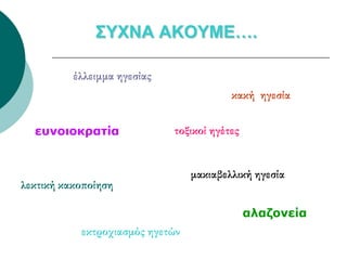 ΣΥΧΝΑ ΑΚΟΥΜΕ….

          έλλειμμα ηγεσίας
                                         κακή ηγεσία


  ευνοιοκρατία               τοξικοί ηγέτες


                                 μακιαβελλική ηγεσία
λεκτική κακοποίηση

                                              αλαζονεία
           εκτροχιασμός ηγετών
 