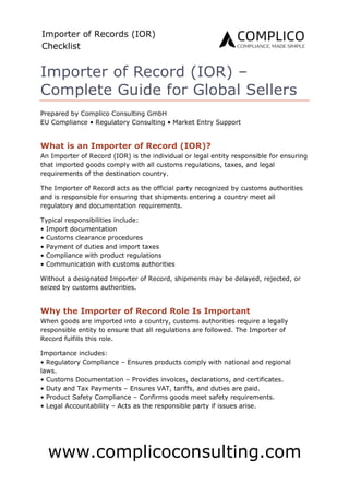Importer of Record (IOR) Guide for International Companies | Complico | PDF