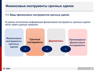 ВРЕМЕННАЯ ШКАЛА
4
Финансовые инструменты срочных сделок
Финансовые
инструменты
срочных
сделок
Деривативы
Срочные
инструменты
II
II
Производные
финансовые
инструменты
II
1.1. Виды финансовых инструментов срочных сделок
В разных источниках информации финансовые инструменты срочных сделок
могут иметь разные названия
 