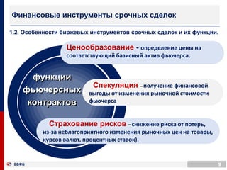 9
Ценообразование - определение цены на
соответствующий базисный актив фьючерса.
Спекуляция – получение финансовой
выгоды от изменения рыночной стоимости
фьючерса
Страхование рисков – снижение риска от потерь,
из-за неблагоприятного изменения рыночных цен на товары,
курсов валют, процентных ставок).
функции
фьючерсных
контрактов
БЛОК-СХЕМА
Финансовые инструменты срочных сделок
1.2. Особенности биржевых инструментов срочных сделок и их функции.
 