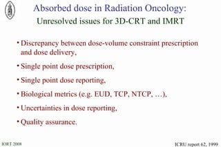 ICRU report 62, 1999 Absorbed dose  in Radiation Oncology: Unresolved issues for 3D-CRT and IMRT Discrepancy between dose-volume constraint prescription and dose delivery, Single point dose prescription,  Single point dose reporting, Biological metrics (e.g. EUD, TCP, NTCP, …), Uncertainties in dose reporting, Quality assurance. 