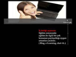 1.
Prepare Me
2.
Tell Me
3.
Show Me
4.
Let Me
5.
Check Me
6.
Support Me
Ġş birliği aşaması
Eğitim sonrasında
eğitim ile ilgili bir çok
konunun paylaşıldığı uygun
ortamlar yaratılır.
( Blog, e-Learning, chat vb..)
7.
Coach Me
8.
Connect Me
 