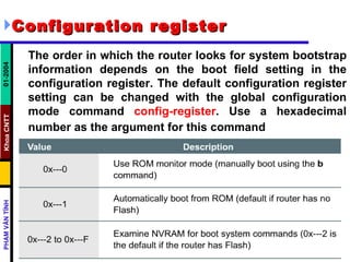 Configuration register   The order in which the router looks for system bootstrap information depends on the boot field setting in the configuration register. The default configuration register setting can be changed with the global configuration mode command  config-register . Use a hexadecimal number as the argument for this command   