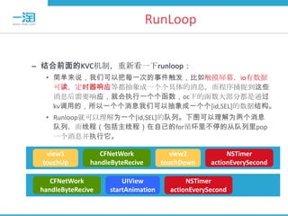 RunLoop


– 结合前面的KVC机制，重新看一下runloop：
  • 简单来说，我们可以把每一次的事件触发，比如触摸屏幕，io有数据
    可读，定时器响应等都抽象成一个个具体的消息，而程序捕捉到这些
    消息后需要响应，就会执行一个个函数，oc下的函数大部分都是通过
    kv调用的，所以一个个消息我们可以抽象成一个个[id,SEL]的数据结构。
  • Runloop就可以理解为一个[id,SEL]的队列。下图可以理解为两个消息
    队列，而线程（包括主线程）在自己的for循环里不停的从队列里pop
    一个消息并执行它。

  view1           CFNetWork             view2           NSTimer
 touchUp       handleByteRecive      touchDown     actionEverySecond

    CFNetWork           UIView              NSTimer
 handleByteRecive   startAnimation     actionEverySecond
 